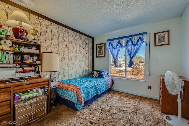 carpeted bedroom with a textured ceiling, baseboards, and wallpapered walls