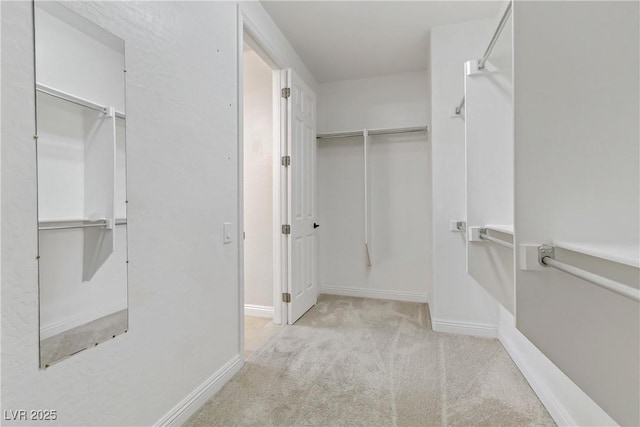 walk in closet with light carpet