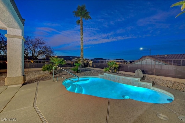 pool at dusk with a fenced in pool, a fenced backyard, and a patio