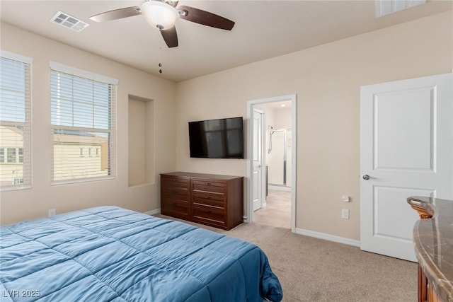 bedroom featuring light colored carpet, visible vents, ceiling fan, and baseboards