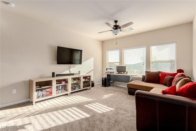 living area featuring a ceiling fan, carpet, visible vents, and baseboards