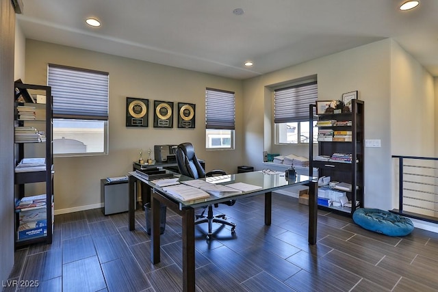 home office featuring recessed lighting, baseboards, and wood finish floors