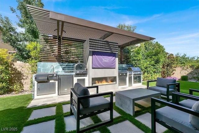 view of patio / terrace with a grill, outdoor lounge area, a pergola, and area for grilling