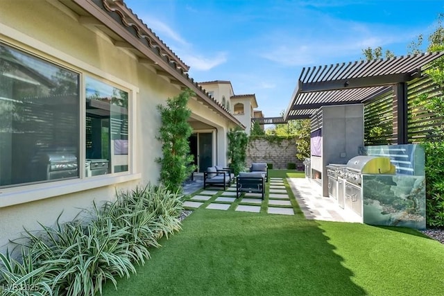 view of yard with fence, an outdoor living space, exterior kitchen, a pergola, and a patio area