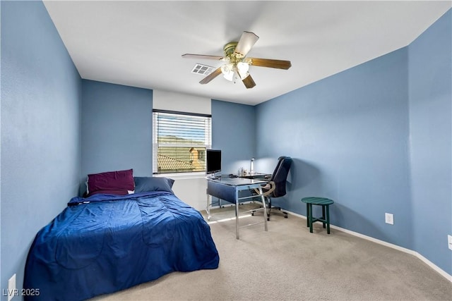 bedroom featuring light carpet, ceiling fan, visible vents, and baseboards