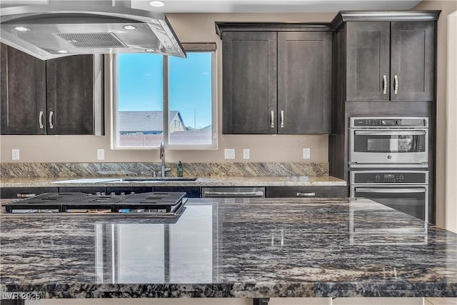 kitchen featuring stainless steel appliances, a sink, dark brown cabinets, ventilation hood, and dark stone counters