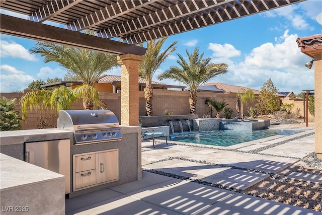 view of patio featuring area for grilling, grilling area, a fenced backyard, and a pergola