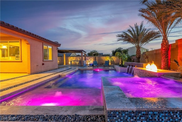 view of pool featuring an outdoor fire pit, a fenced backyard, a fenced in pool, a pergola, and a patio area