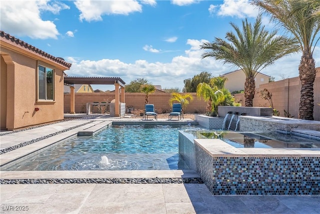 view of pool with a patio, a fenced backyard, a fenced in pool, and a pergola