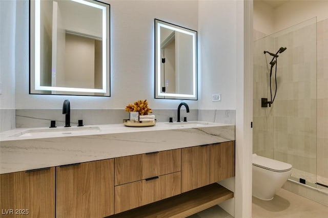 bathroom with toilet, a shower stall, double vanity, and a sink