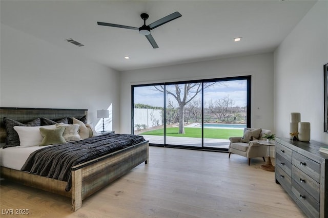 bedroom with access to exterior, light wood finished floors, recessed lighting, visible vents, and ceiling fan