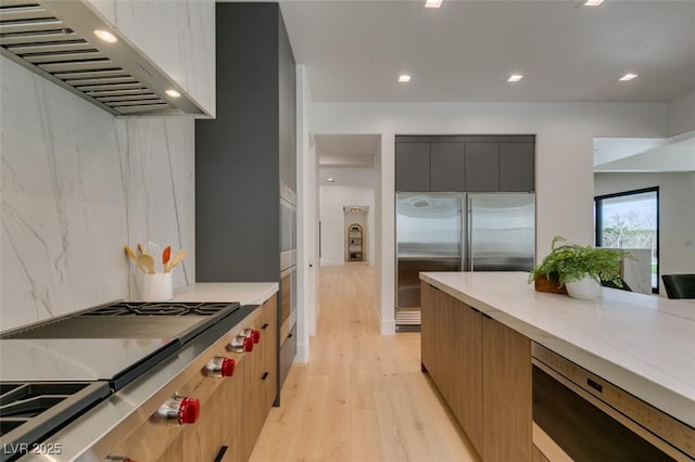 kitchen featuring light wood finished floors, modern cabinets, appliances with stainless steel finishes, ventilation hood, and light countertops