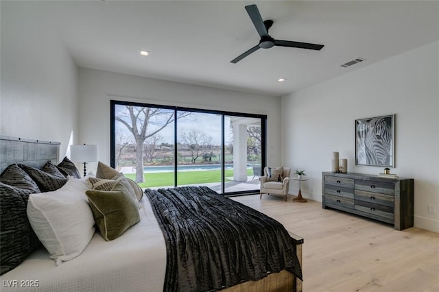 bedroom featuring light wood finished floors, recessed lighting, visible vents, access to outside, and baseboards