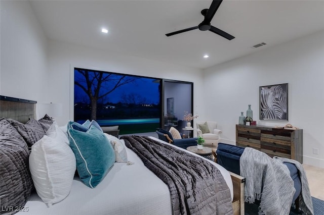 bedroom featuring ceiling fan, visible vents, baseboards, and recessed lighting