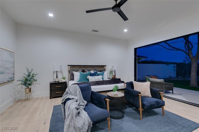 bedroom featuring recessed lighting, visible vents, ceiling fan, and wood finished floors