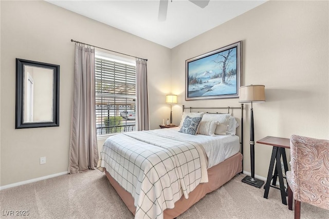 bedroom with carpet floors, ceiling fan, and baseboards