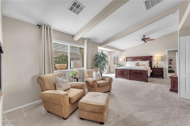 carpeted bedroom featuring lofted ceiling with beams, a ceiling fan, visible vents, and baseboards