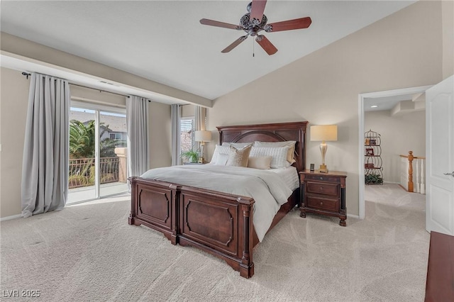 bedroom featuring access to exterior, baseboards, vaulted ceiling, and light colored carpet