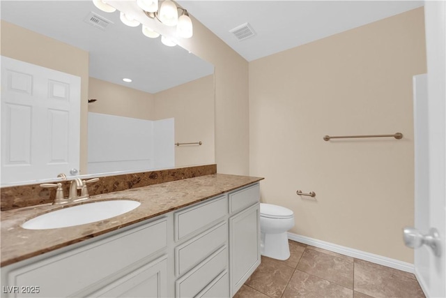 bathroom featuring baseboards, visible vents, vanity, and toilet