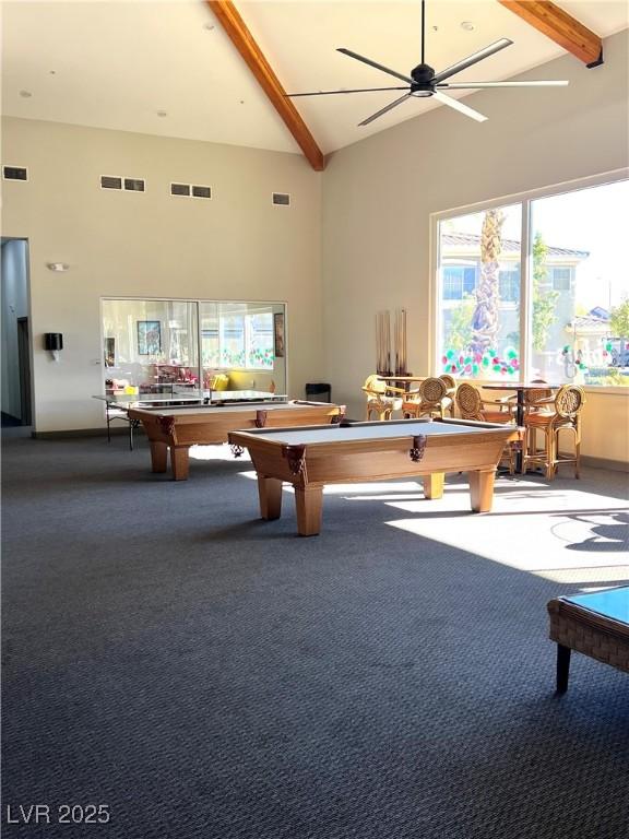 game room featuring high vaulted ceiling, visible vents, and beamed ceiling