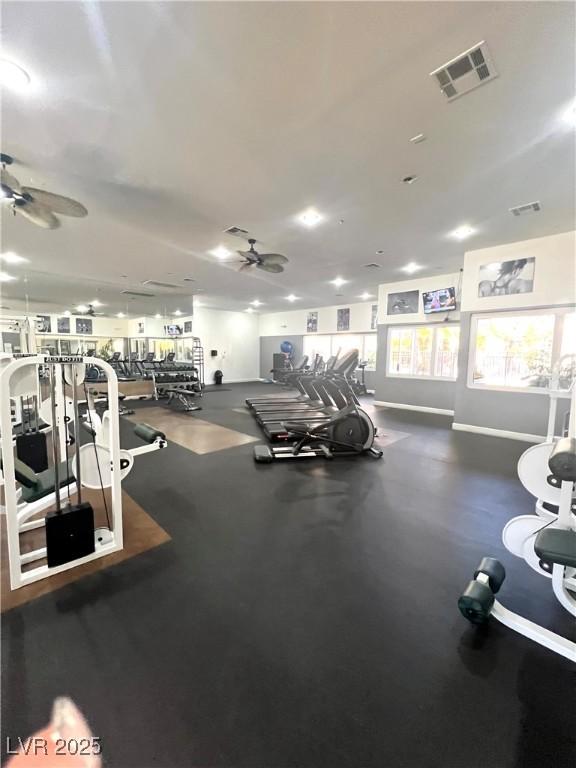 workout area with ceiling fan, visible vents, and baseboards