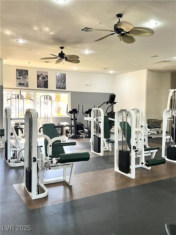 exercise room featuring ceiling fan and visible vents