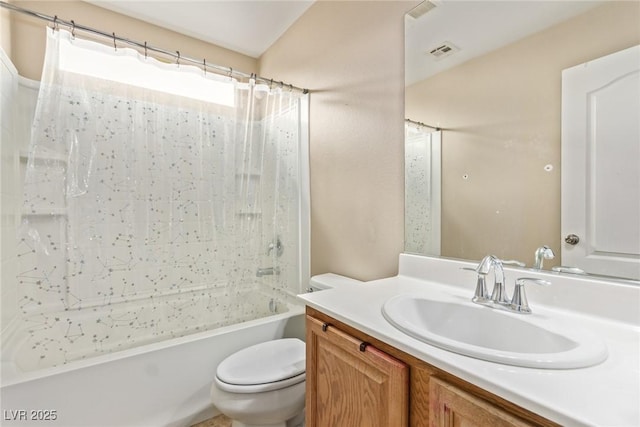 bathroom with toilet, shower / tub combination, visible vents, and vanity