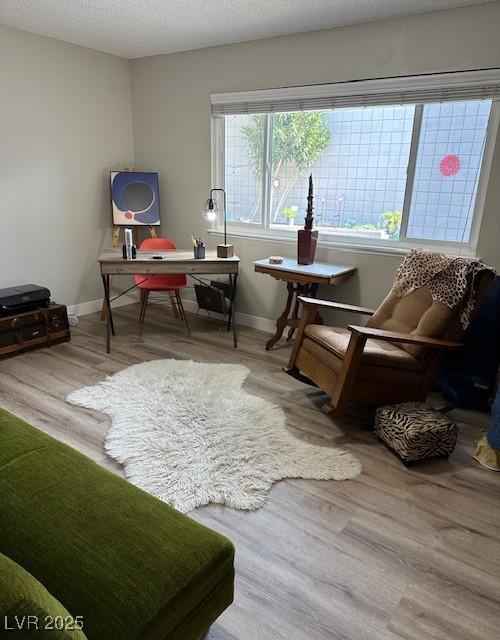 living area with baseboards, a textured ceiling, and wood finished floors