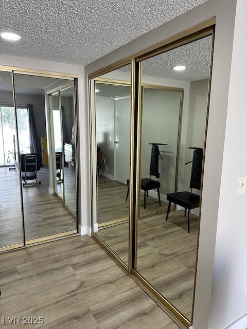 interior space featuring baseboards, a textured ceiling, and light wood finished floors