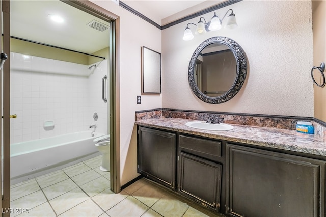 bathroom with toilet, vanity, visible vents, shower / bathing tub combination, and tile patterned floors