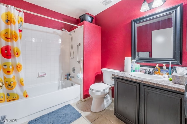 bathroom with visible vents, toilet, shower / tub combo, vanity, and tile patterned floors