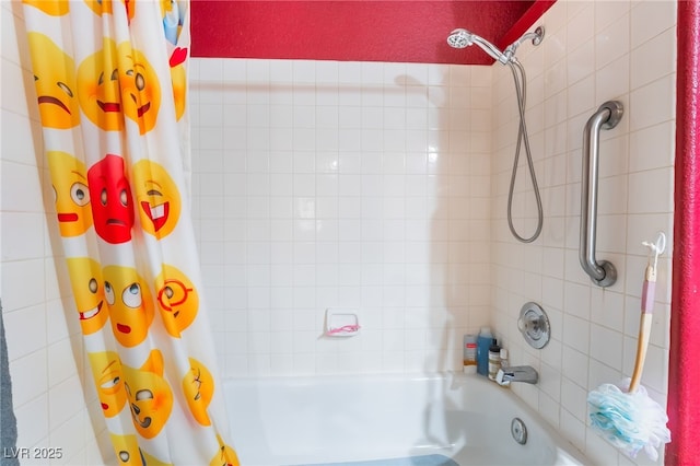 full bath featuring shower / bath combination with curtain and a textured wall