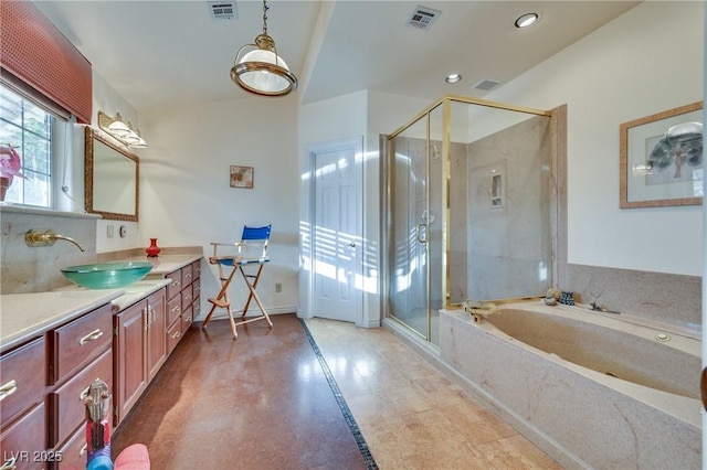 full bathroom featuring recessed lighting, vanity, visible vents, a bath, and a stall shower