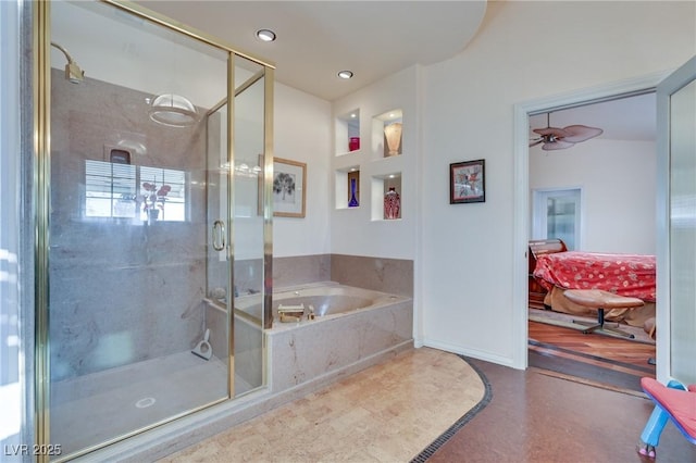 full bathroom with a garden tub, recessed lighting, a ceiling fan, a stall shower, and baseboards