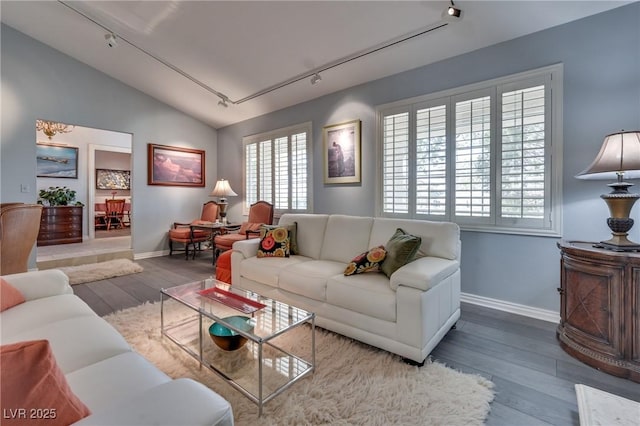 living area featuring lofted ceiling, track lighting, baseboards, and wood finished floors