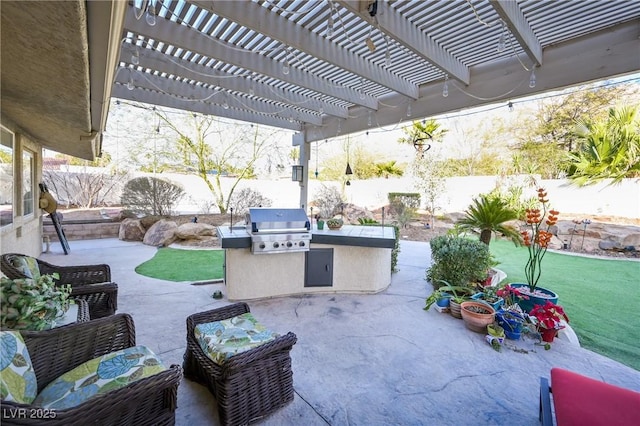 view of patio / terrace with a fenced backyard, grilling area, area for grilling, and a pergola