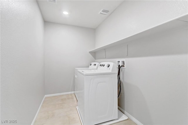 laundry area featuring recessed lighting, visible vents, washer and dryer, laundry area, and baseboards