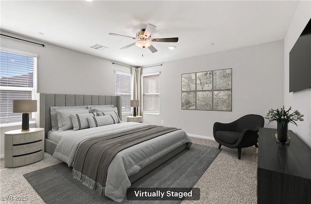 bedroom featuring visible vents, ceiling fan, baseboards, and speckled floor