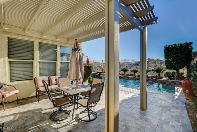 view of patio featuring a fenced in pool, fence, and a pergola