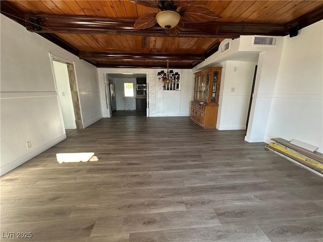 unfurnished room with dark wood-type flooring, wooden ceiling, and visible vents