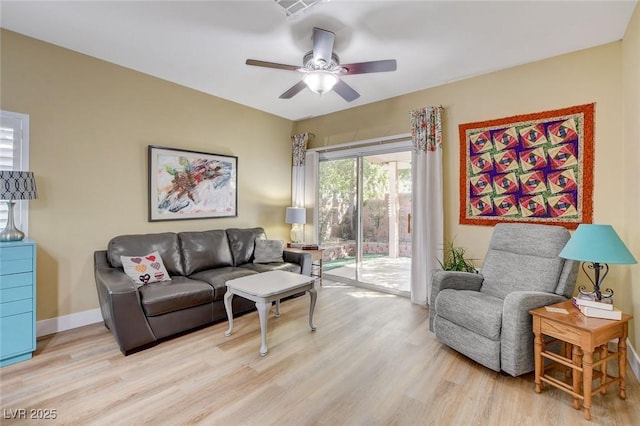 living area featuring light wood-style floors, ceiling fan, and baseboards