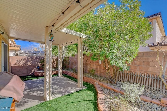 view of patio / terrace featuring a fenced backyard and area for grilling