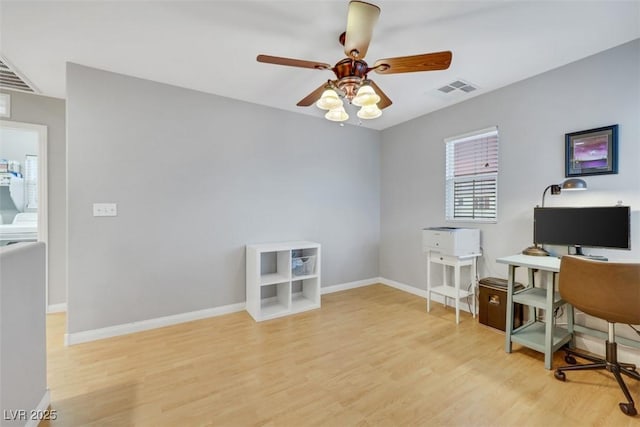 home office with visible vents, ceiling fan, light wood-style flooring, and baseboards