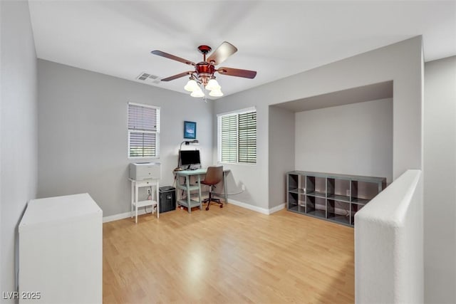 office area featuring ceiling fan, wood finished floors, visible vents, and baseboards