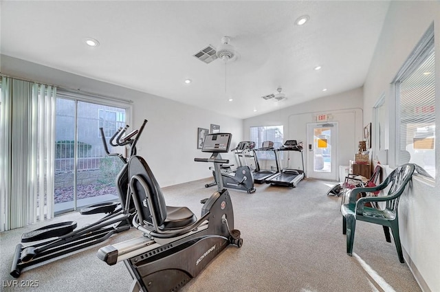 gym featuring recessed lighting, visible vents, vaulted ceiling, and baseboards