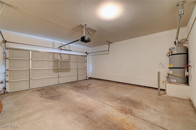 garage with a garage door opener and water heater