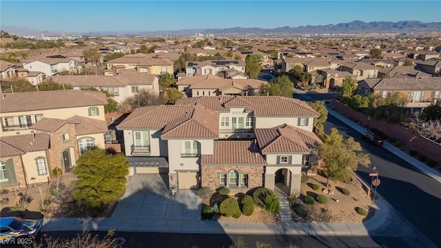 aerial view featuring a residential view and a mountain view