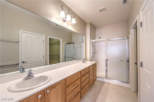 full bathroom featuring a sink, visible vents, and a shower stall