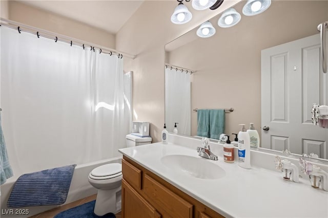 full bathroom with toilet, shower / bath combo, and vanity