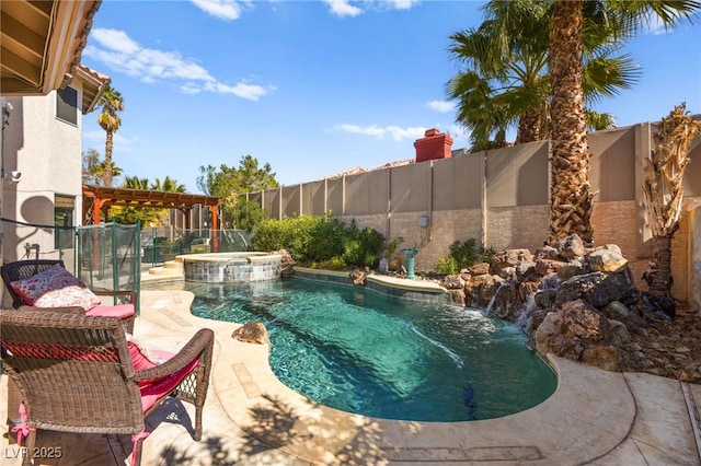 view of pool with a pool with connected hot tub, a fenced backyard, and a pergola